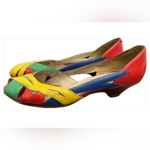 Size 8.5, Incredible, vintage, Calico, kitten heel, sandals, 1980’s